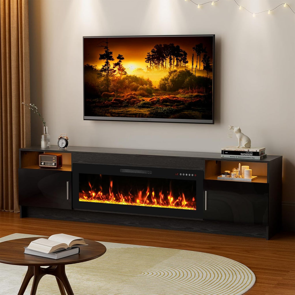 Kucreiheat Fireplace TV Stand for 70-90 inch TV, Large Entertainment Center with Fireplace & LED Lights,High Gloss Living Room Storage Cabinet, Black, 80''(Crystal)