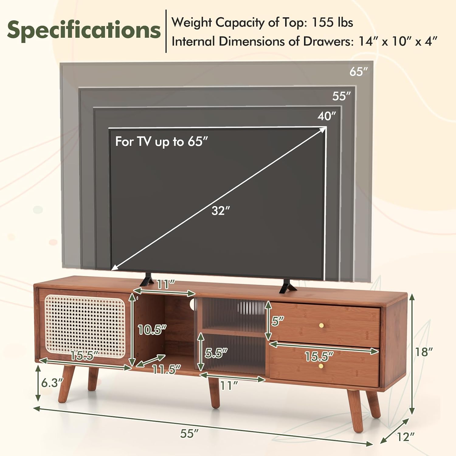 Tangkula Mid Century Modern TV Stand for TVs up to 65', Bamboo Entertainment Center w/Glass & PE Rattan Sliding Doors, 2 Drawers, Adjustable Shelf, Wood Legs, Media Console (Bamboo 2-Walnut)