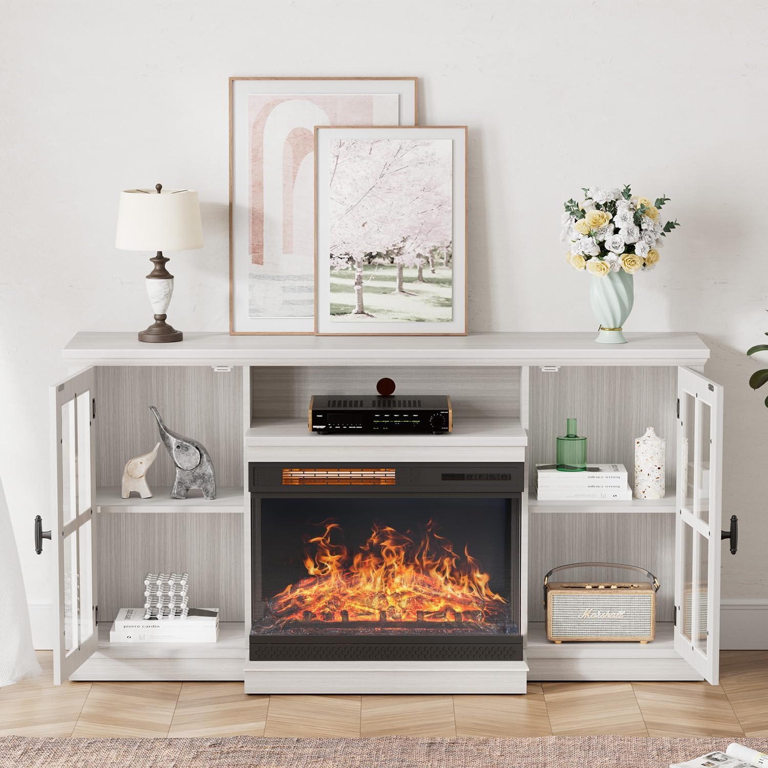YESHOMY Glass Fireplace TV Stand for TVs up to 65 Inch, Media Entertainment Center with Storage, White Wash