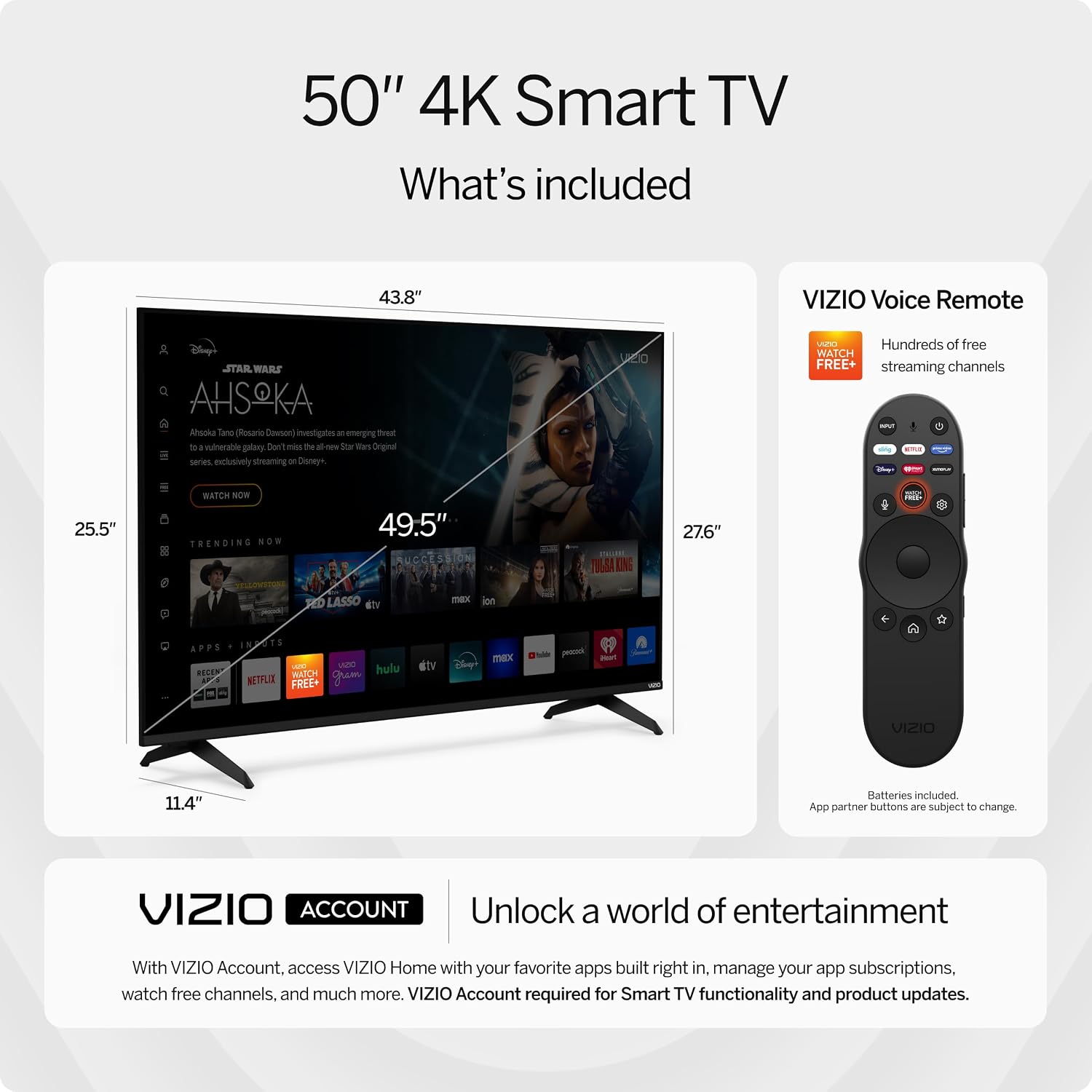 VIZIO 50-inch 4K UHD LED Smart TV w/Dolby Vision HDR, WiFi 6, Bluetooth Headphone Capable, Apple AirPlay, Google Cast Built-in (V4K50C-08, New)