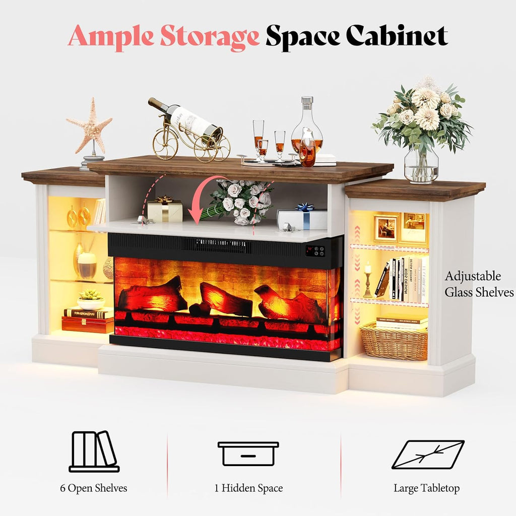 AMERLIFE 70' Fireplace TV Stand with Mantel, Farmhouse Wood Entertainment Center with 3-Sided Glass Fireplace for TVs up to 75', Adjustable Shelves & LED Lights, Distressed White