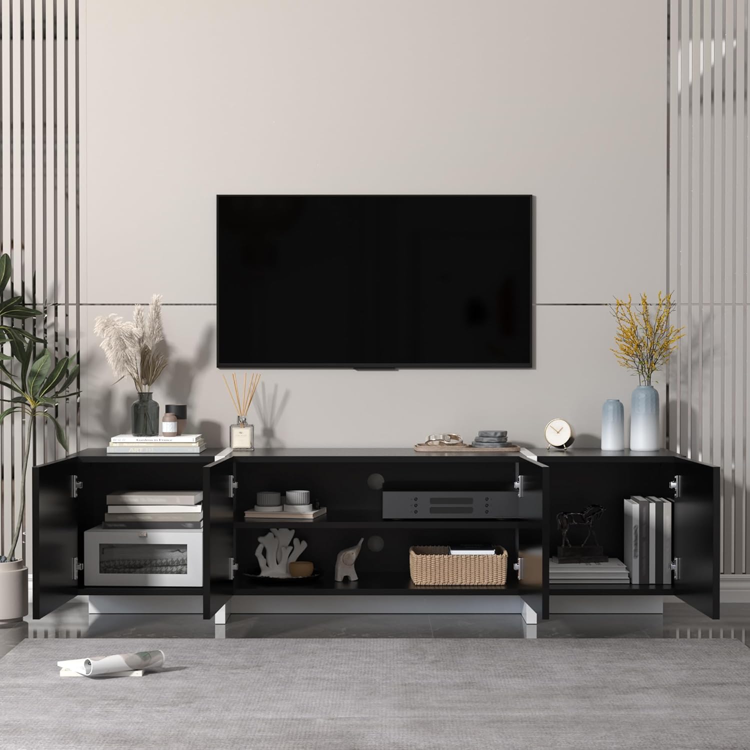 holzart 67' Modern Black TV Stand up to 70 Inch TV, Media Console with High Gloss Doors & Scratch-Resistant Matte Top, Entertainment Center with Cable Management & Storage Cabinet for Living Room