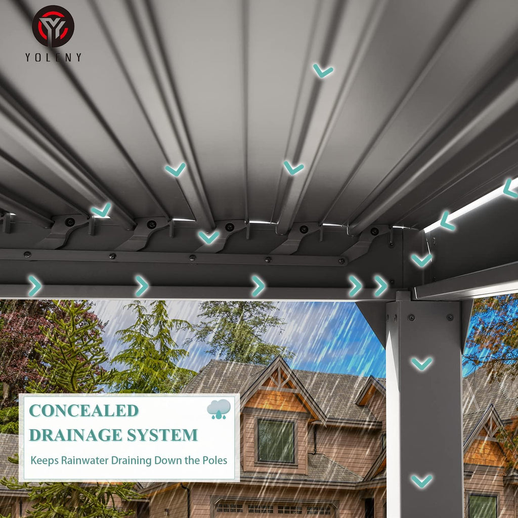 YOLENY Louvered Pergola 12x20, All Aluminum Pergola with Adjustable Rainproof Roof, Outdoor Pergola with Curtains and Nets for Patio & Garden, Dark Grey