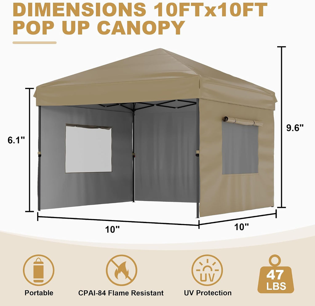 Canopy Tent 10x10 Easy Pop Up, Outdoor Shade Instant Canopy Tents, Comercial Instant Heavy DutyCanopy Pop Up Tent with 3 Sidewalls