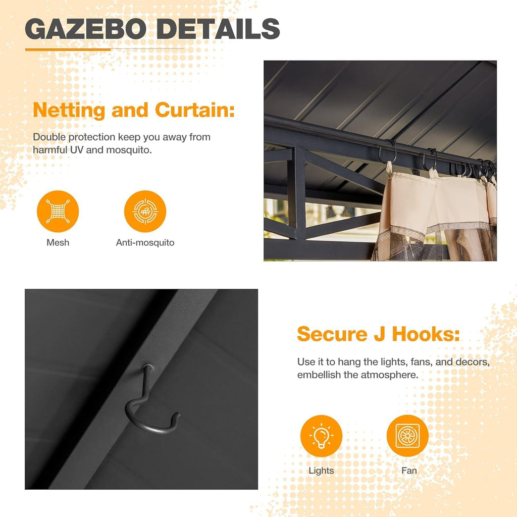 EROMMY 10'x12' Hardtop Gazebo, Metal Double Roof with Anti-Rust Coating Frame, Outdoor Waterproof Patio Gazebos with Shaded Curtains and Netting for Gardens, Lawns, Deck