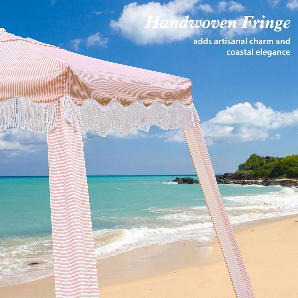 AMMSUN Beach Cabana with Fringe, 7' x 7' Boho Beach Canopy with Tassels, Easy Set up & Premium Wood Pole, Cabana Tent with Sand Pockets, Instant Sun Shade for Sand, Garden, Patio, Pink Stripes