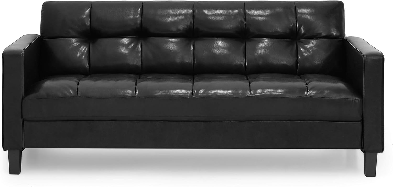 Furinno Brive Contemporary Tufted Faux Leather 3-Seater Sofa Couch for Living Room, Black Faux Leather