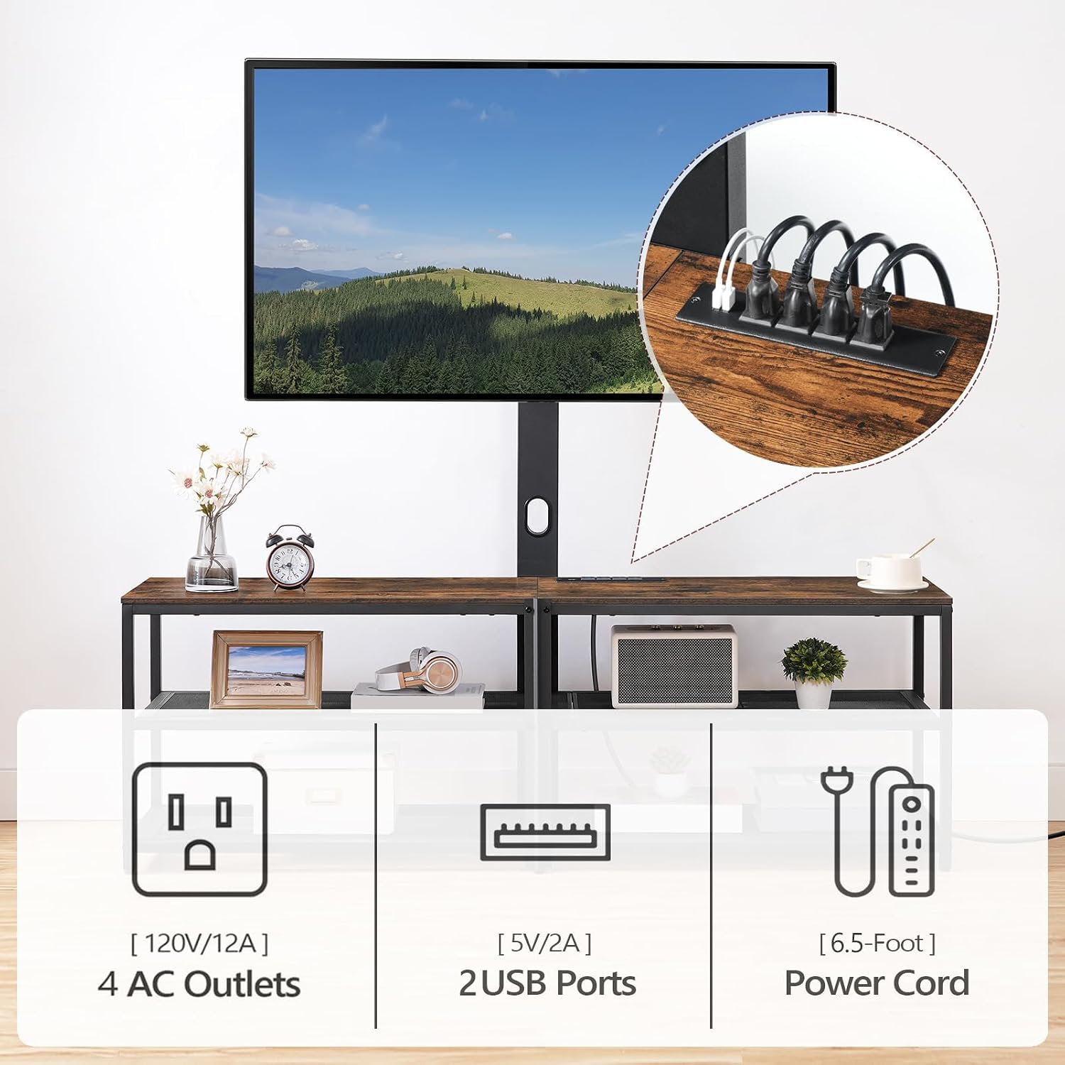 MAHANCRIS 59' TV Stand with Mount and 4 Power Outlets, Entertainment Center Media Console, Swivel TV Stand Mount up to 75 inch TVs, Height Adjustable, Metal Frame for Living Room, Bedroom TVHR35E01V