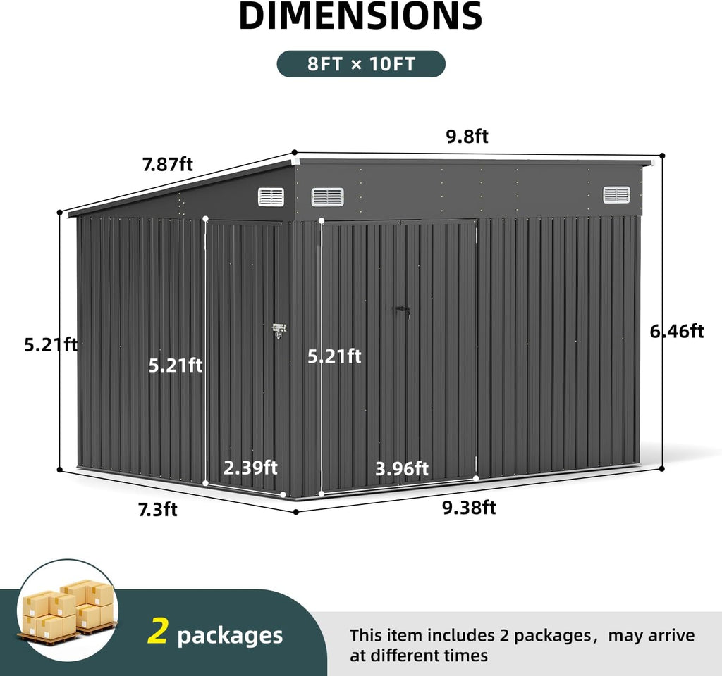 10x8ft Black Metal Tool Shed with Triple Lockable Doors, Heavy-Duty, Weather-Resistant & Rustproof Outdoor Storage for Tools, Garden Equipment, Bikes & Backyard Essentials
