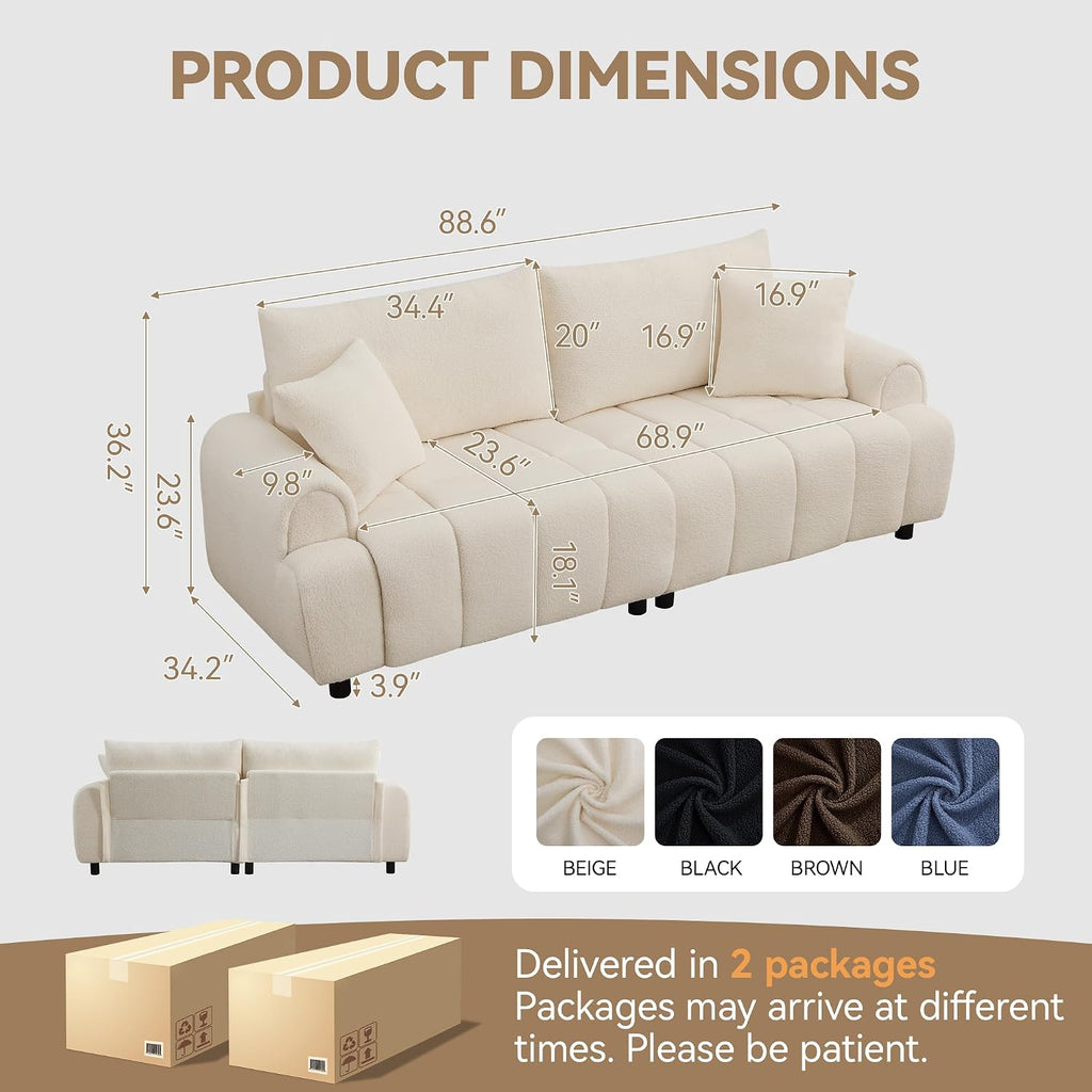 88 'Modern Boucle Sofa Couch, Oversized Comfy 3 Seater Sherpa Curved Sofas Deep Seat, Upholstered Loveseat Teddy Round Arm Couches for Living Room, Bedroom, Beige