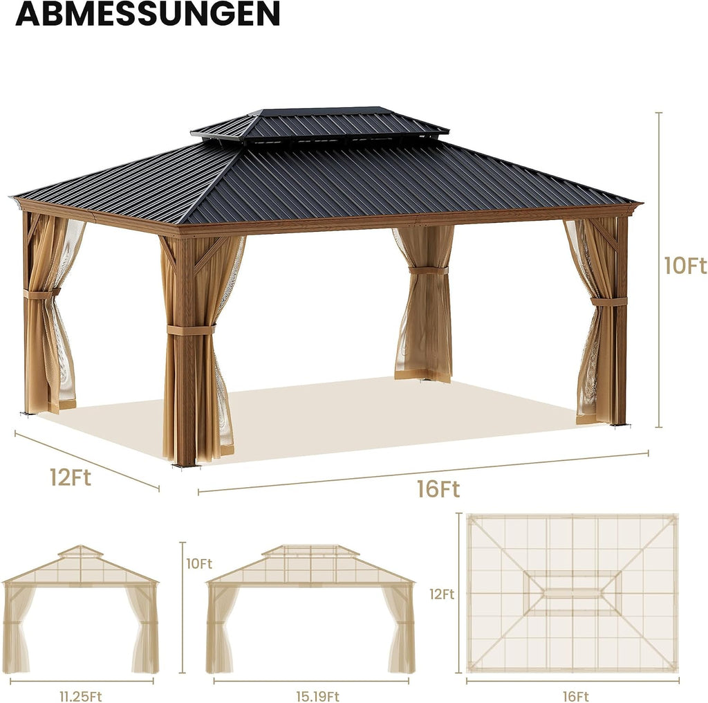 SUNBURY 12'x 16' Hardtop Gazebo, Outdoor Metal Gazebo with Double Roofs, Outdoor Aluminum Canopy with Woodgrain Steel Columns and Mosquito Netting for Patio, Backyard, Garden, Deck (Black Walnut)