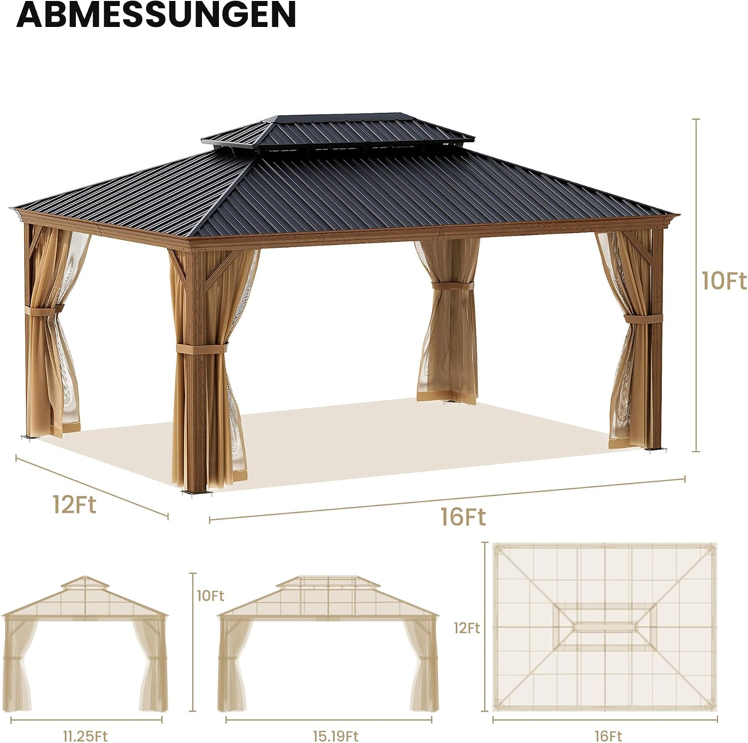 SUNBURY 12'x 16' Hardtop Gazebo, Outdoor Metal Gazebo with Double Roofs, Outdoor Aluminum Canopy with Woodgrain Steel Columns and Mosquito Netting for Patio, Backyard, Garden, Deck (Black Walnut)