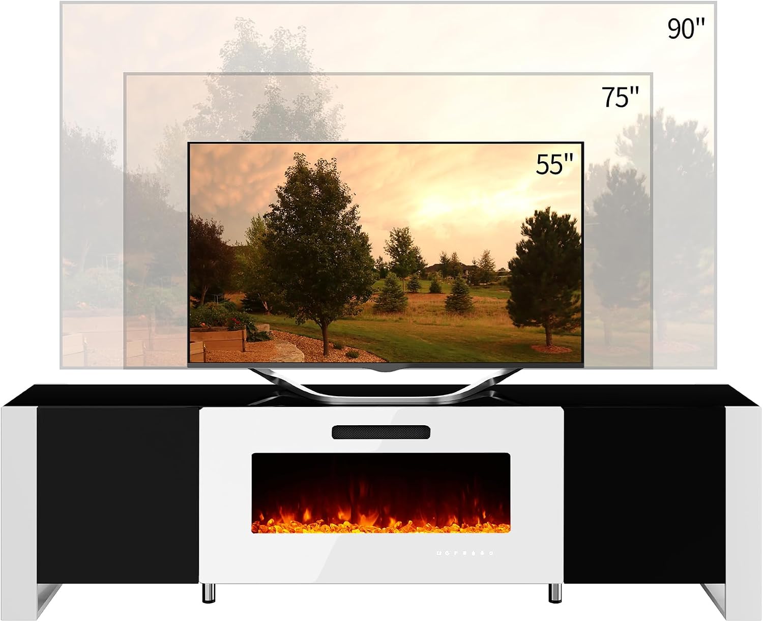 VanAcc 80' Fireplace TV Stand with 40' Electric Fireplace, High Gloss Entertainment Center with LED Lights, Modern Entertainment Stand for TVs up to 90', Black&White