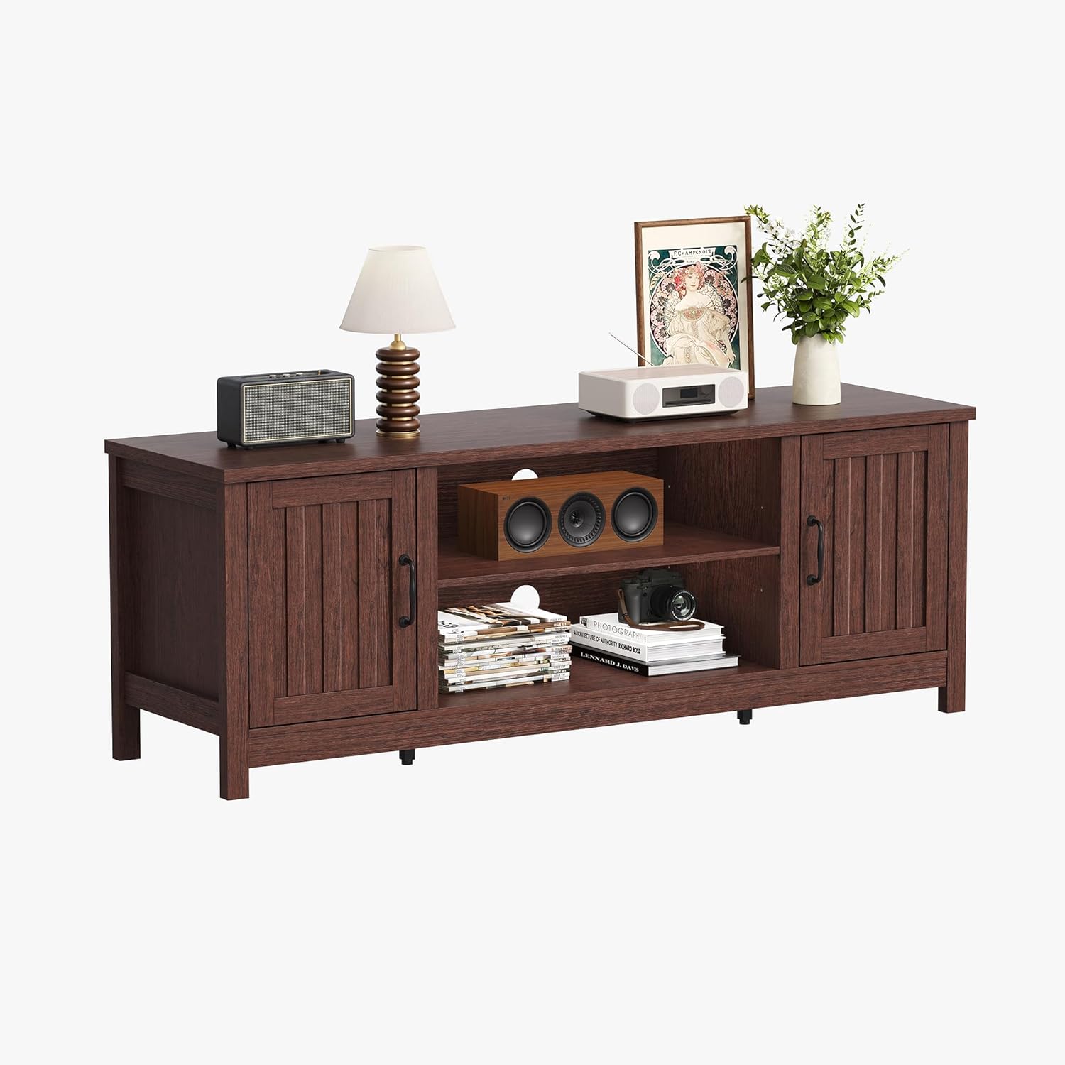 ChooChoo 54' Farmhouse TV Stand for TVs up to 65 inches, Entertainment Center with Storage Cabinets, Open Shelves and Fluted Door, TV Console Table for Living Room, Bedroom, Walnut