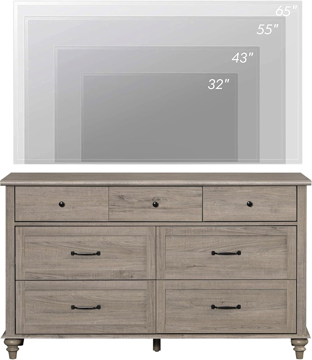 WAMPAT Wide Dresser TV Stand for 65 Inch TV, Light Wood TV Console Table Television Stands with 7 Drawers, Grey Media Storage Cabinet for Living Room Bedroom, 54 Inch