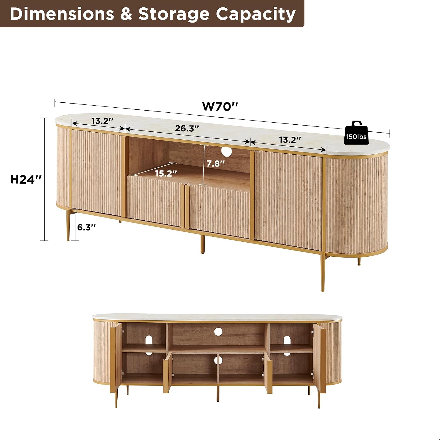 OKD Luxury 70' Fluted TV Stand, Modern Chic Entertainment Center for TVs Up to 80 inches, TV Console with Faux Marble Top, Curved Profile Design, Media Console for Living Room, Natural Oak