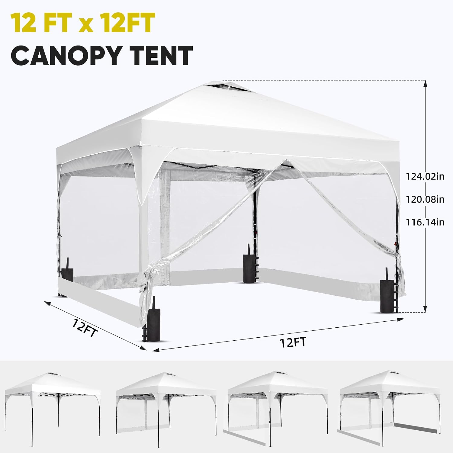 GDY 12x12FT Pop Up Canopy Tent with One Push Setup, Easy Setup Gazebo with 4 PVC Transparent Sidewalls,Includes Wheeled Bag. for Events, Parties, Camping, White.