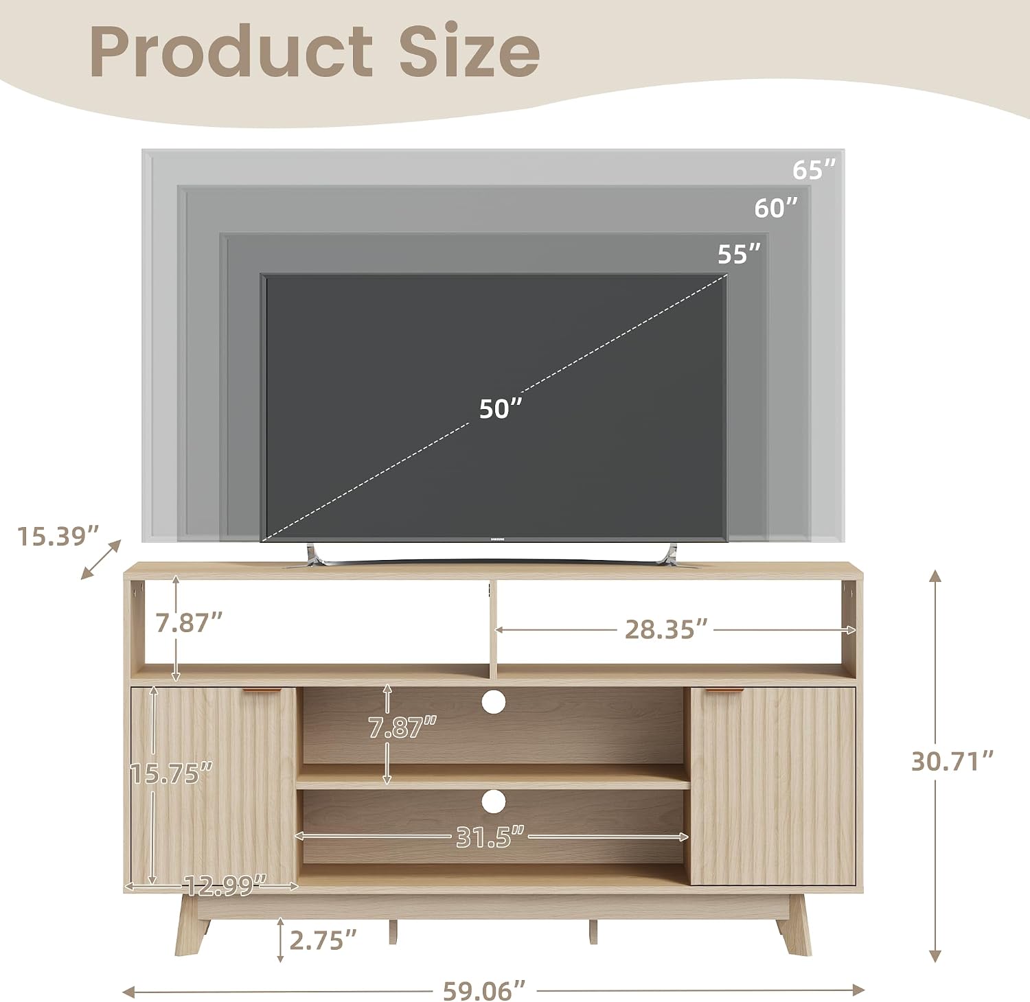 EROMMY Mid Century Modern TV Stand, 59 Inches Entertainment Center with Storage, Tall TV Media Console with 2 Fluted Doors Suitable for 50/55/60/65 TV in Living Room, Bedroom
