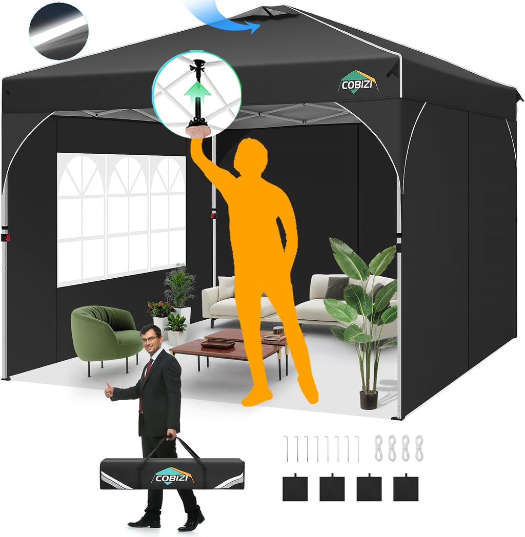 COBIZI 10x10 Pop Up Canopy Tent, Outdoor Party Tent with 3 Sidewalls, 1 Person Easy Set up, Tents for Parties with Fluorescent Strip & 4 Sandbags, Waterproof UPF50+, 3 Adjustable Height, Black