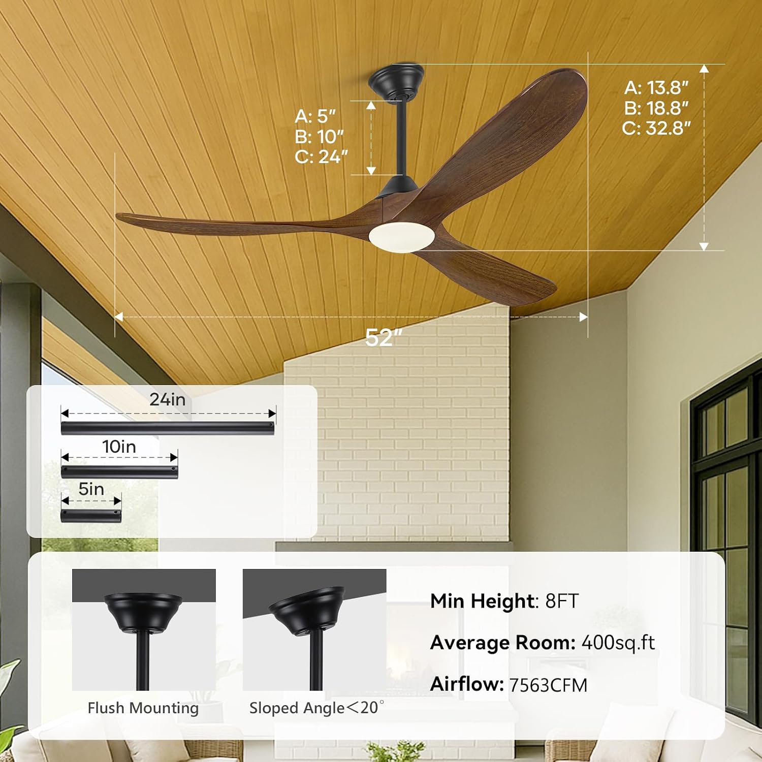 Savey'Sley 52 Inch Smart Ceiling Fan with Light Remote/APP/Alexa Control, 3 Blades Wooden Outdoor Ceiling Fans for Patios with Lights, High CFM Quiet DC Fan for Bedroom Farmhouse Gazebo