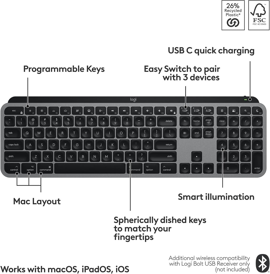 Logitech MX Keys S for Mac, Wireless Keyboard, Fluid, Precise Laptop-Like Typing, Programmable Keys, Backlit, Bluetooth USB C Rechargeable for MacBook Pro, MacBook Air, iMac, iPad - Space Grey