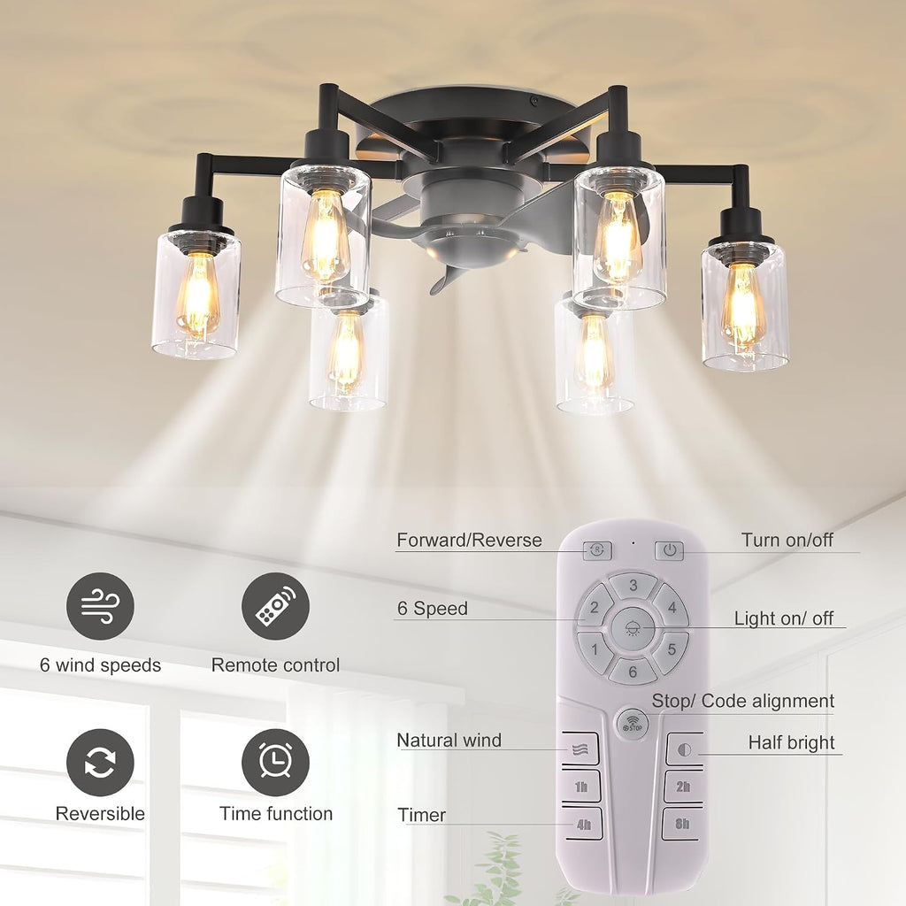Garwarm 26.4' Ceiling Fans with Lights, Black Flush Mount Ceiling Fan with Lights Remote Control,Low Profile Bladeless Ceiling Fan Light Fixture for Bedroom, Kitchen, Dining Room