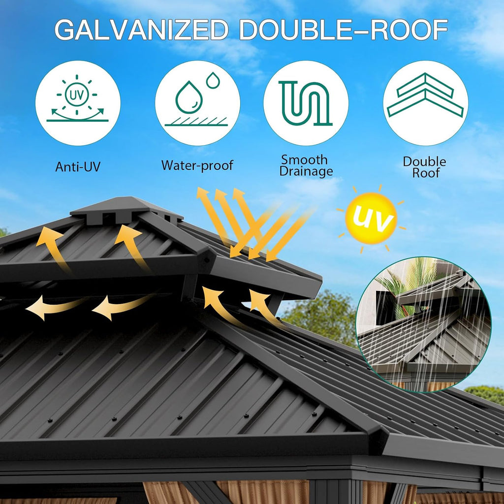 Garvee 10x10 ft Hardtop Gazebo, Outdoor Heavy Duty Galvanized Aluminum Framed Double Roof Pavilion with Netting and Curtains, Waterproof Metal Roof Gazebo for Backyard, Patio, Deck and Poolside, Brown