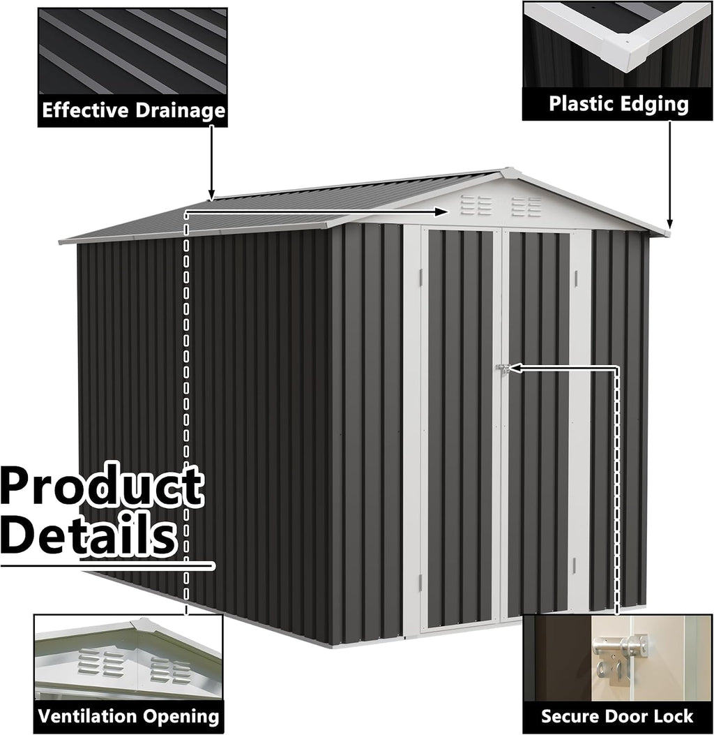6x9 FT Large Outdoor Storage Shed, Galvanized Tool Shed, Metal Garden Shed with Apex Roof & Lockable Door& Air Vent, Waterproof Rust-Resistant for Patio Furniture Lawnmower Bike
