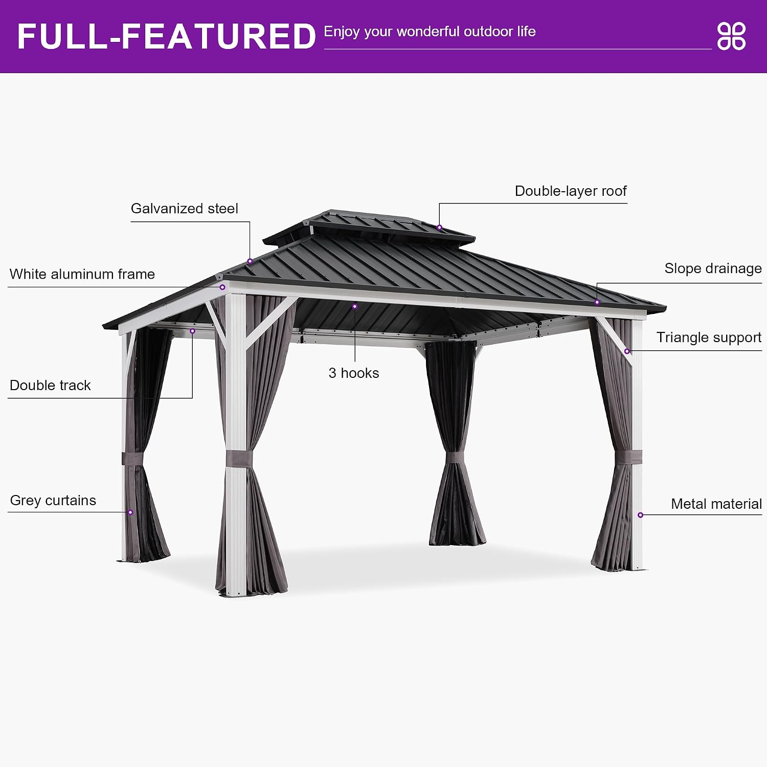 PURPLE LEAF 10' X 12' Gazebo White Aluminum Frame Galvanized Double Roof Hardtop Gazebo Curtains and Netting Included with String Lights for Garden Deck Lawns and Backyard, Grey