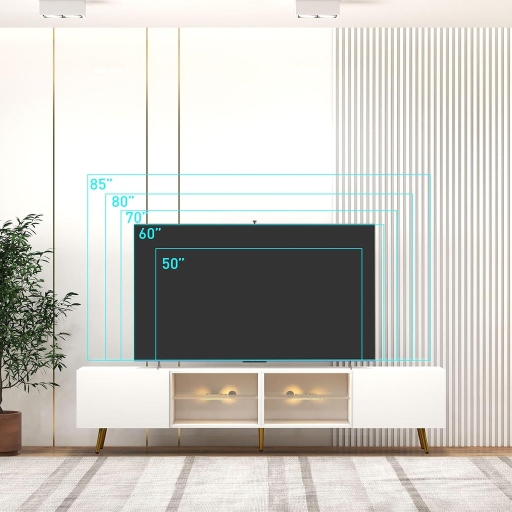 Bonzy Home 86' LED TV Stand, Modern Entertainment Center up to 75' 80' 85' TV, Television Console Table with Storage Cabinets for Living Room, White