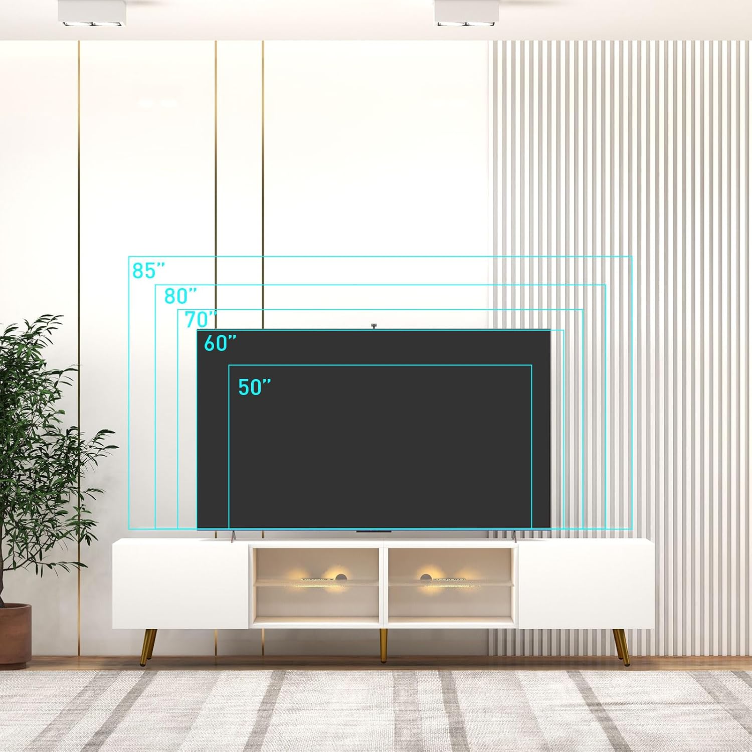 Bonzy Home 86' LED TV Stand, Modern Entertainment Center up to 75' 80' 85' TV, Television Console Table with Storage Cabinets for Living Room, White