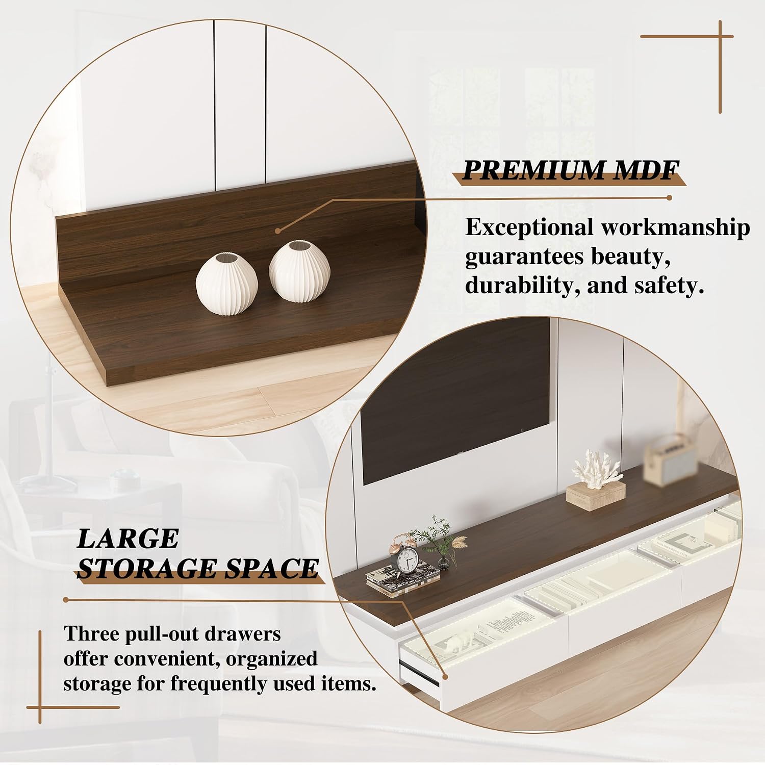 Betterhood Extendable TV Stand with LED Lights (80' - 106'), Wood Entertainment Center for Up to 120' TV, Modern Reversible TV Console with Three Drawers, Living Room, Bedroom (White)