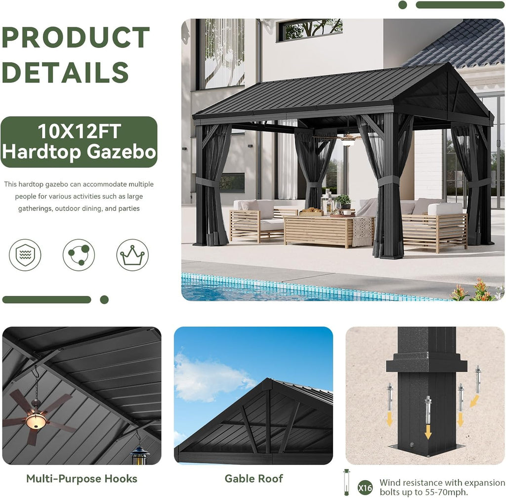 Aoxun 10' x 12' Outdoor Aluminum Gazebo, Hardtop Gazebo Permanent Metal Pavilion with Galvanized Steel Gable Roof, for Patio, Garden, Backyard, Square Foundation