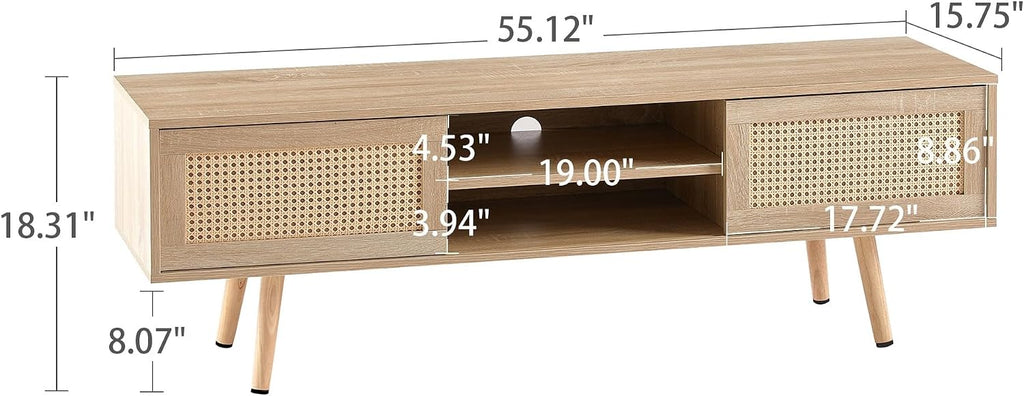 Rattan Weaving in Natural Wood Color TV Stand for TVs up to 55 Inch, TV Cabinet with Sliding Rattan Woven Door, Ideal for Living Rooms and Entertainment Centers
