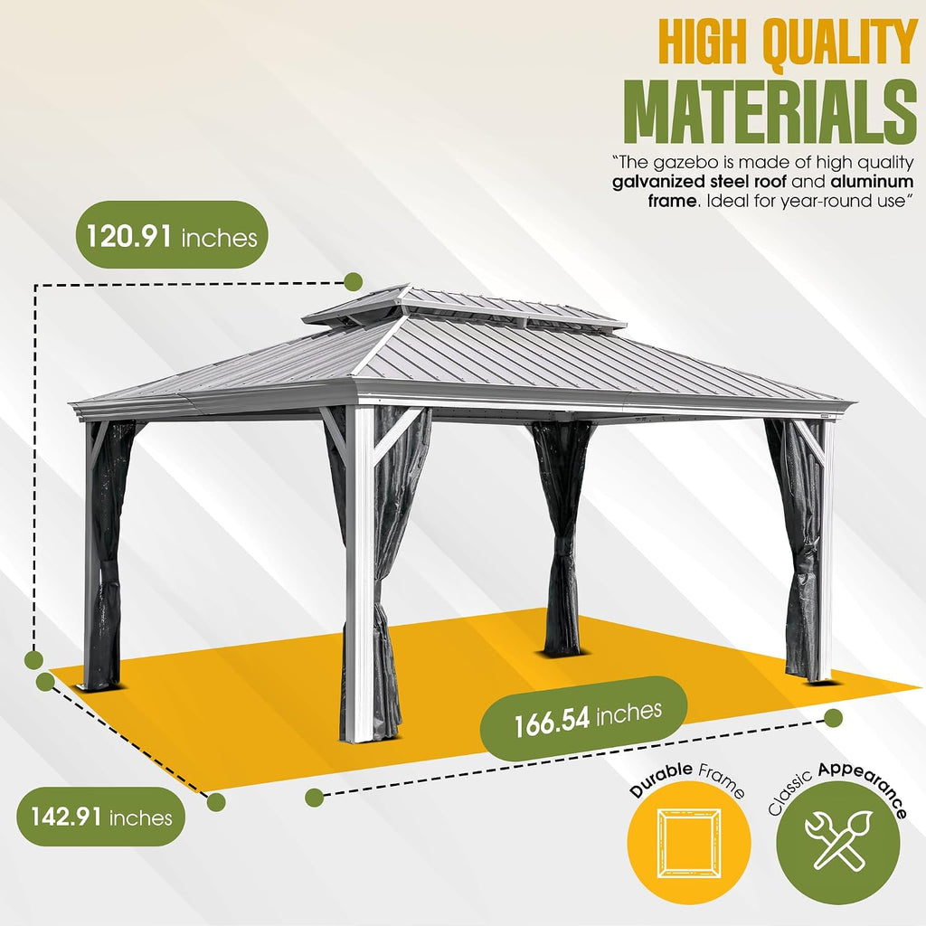 Hardtop Gazebo with Galvanized Steel Double Roof, Rustproof Aluminum Frame, Privacy Netting, and All-Weather Outdoor Shelter, Beige (12x14)