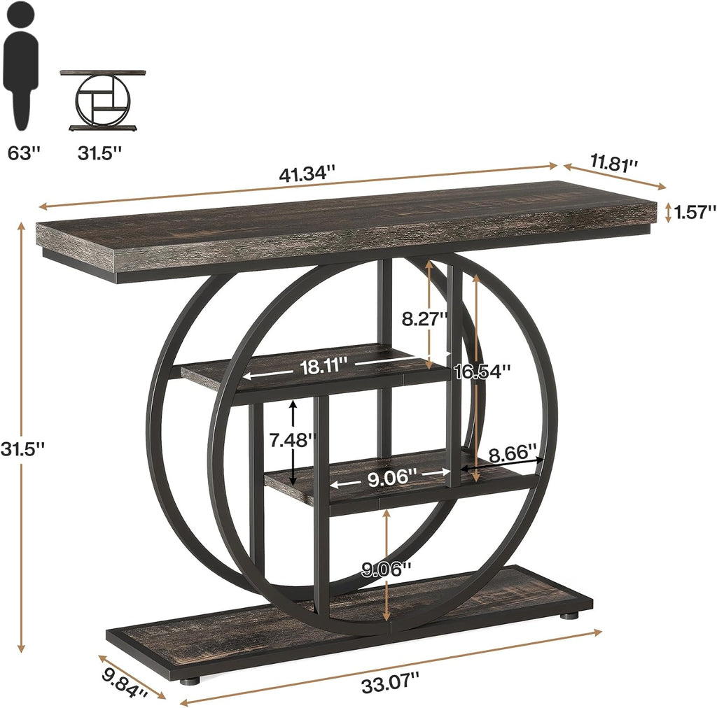 Tribesigns 41.3' Console Table, Industrial 4-Tier Sofa Table Entryway Table with Circle Base, Narrow Wood Accent Tables with Storage Shelves for Living Room, Hallway, Foyer, Charcoal Black