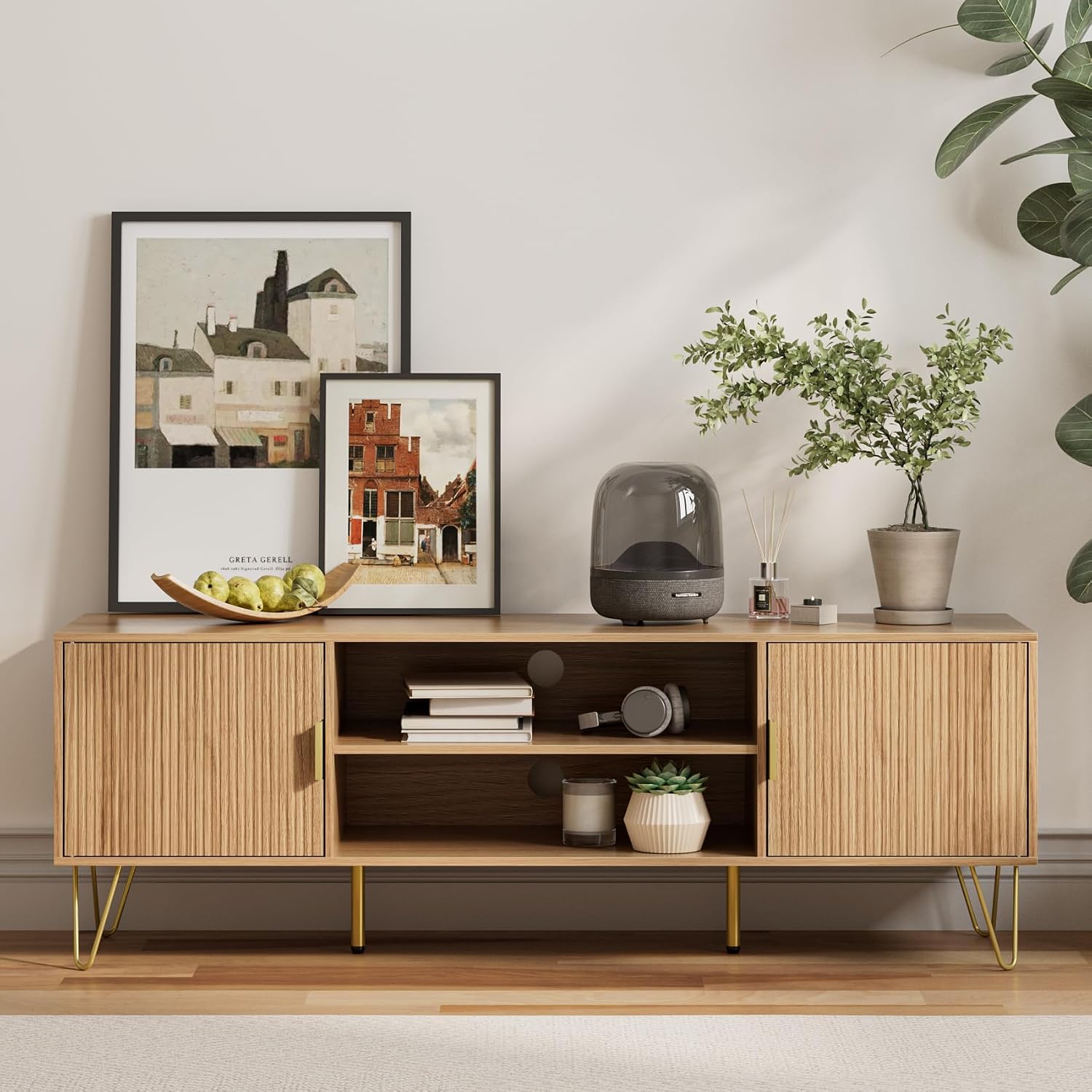 TV Stand for 55-65 Inch TV, Entertainment Center with Soft Hinge Door,TV Console Table with 2 Cabinets with Gold Handle and Feet,for Living Room, Bedroom, Oak