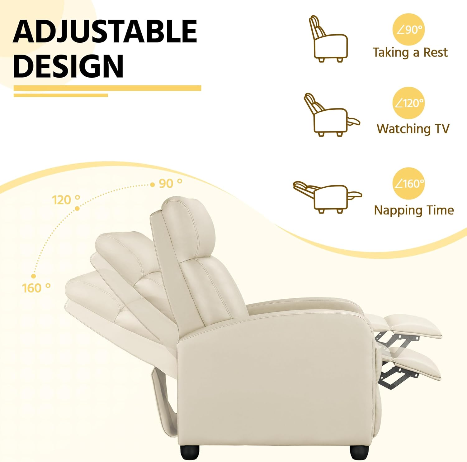 Yaheetech PU Leather Reclining Chair Single Sofa for Living Room Padded Seat with Pocket Spring for Small Space Living Room Bedroom Home Theater Beige