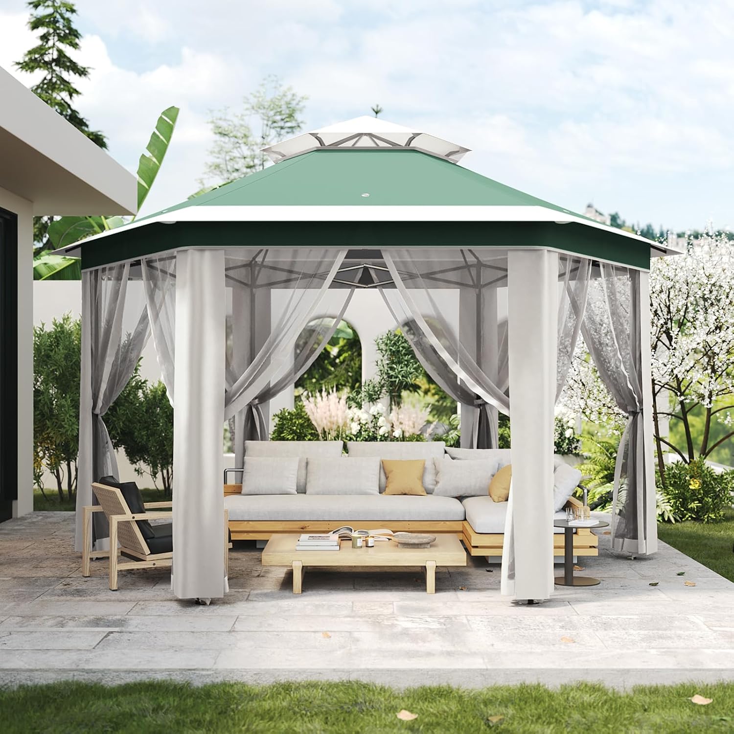 Outdoor Pop-Up Gazebo for Patio13'x13',Metal Frame Canopy with Double Roofs,Heavy Duty Party Tent and Shelter with Mosquito Netting,Zippered Mesh Sidewalls & Carrying Bag,for Patio Garden Backyard