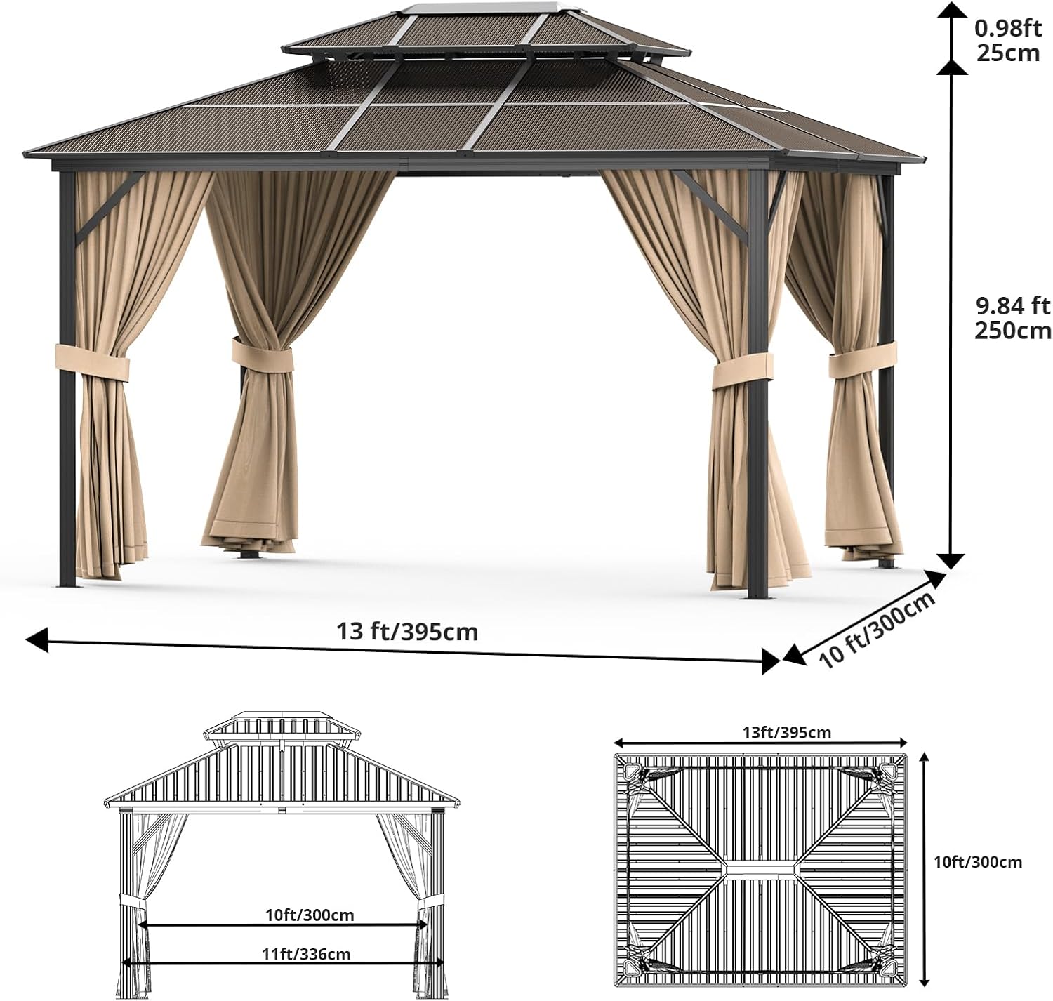 10X13 FT Hardtop Gazebo with Double Roof, Heavy-Duty Aluminum Frame & All-Weather Polycarbonate Canopy, Includes Netting & Curtains for Patio, Garden, Poolside Khaki