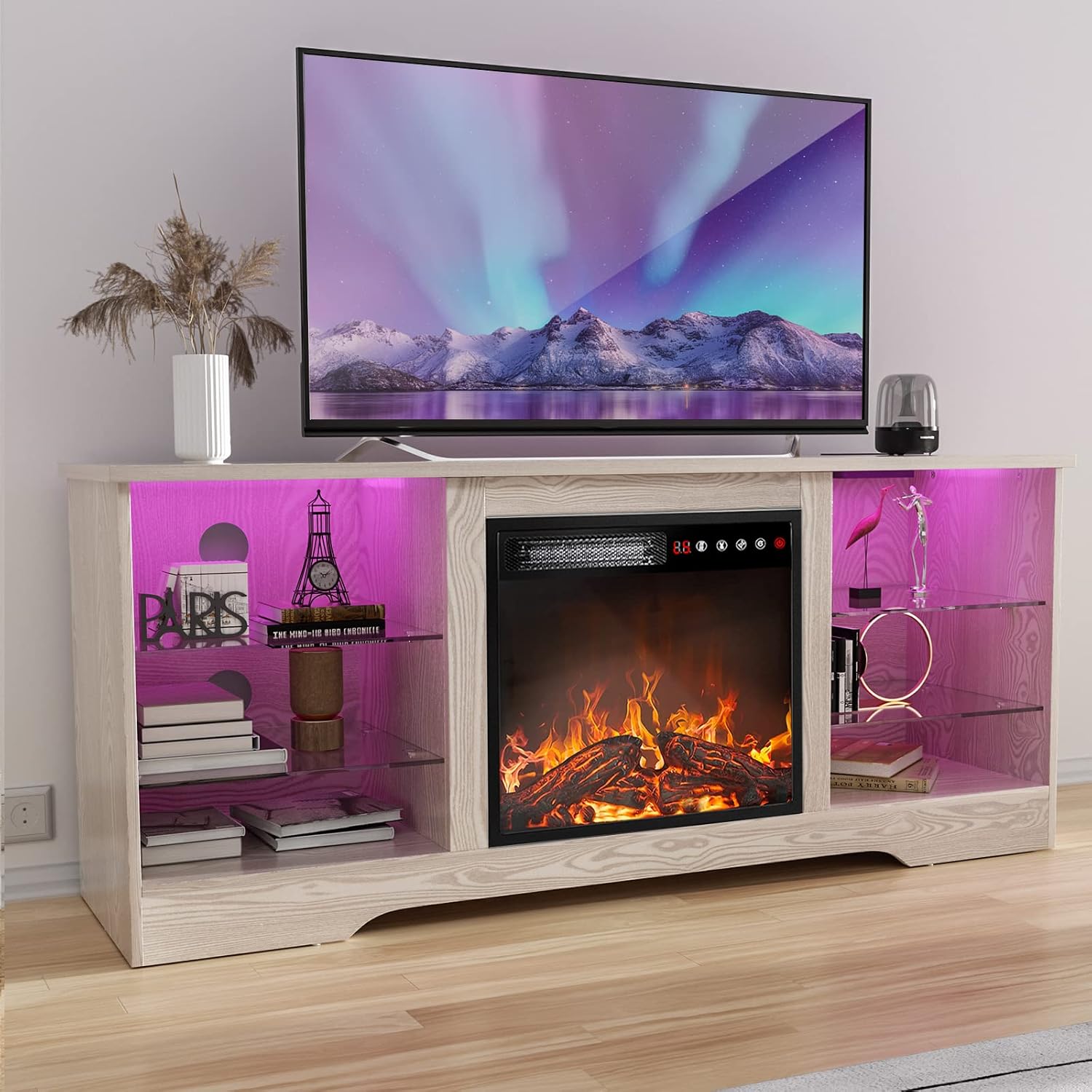 TAVATA Fireplace TV Stand with 18''Fireplace, Modern Entertainment Center for TVs up to 65 inch, Media TV Console with Adjustable Glass Shelves and Storage Cabinets (Beige)