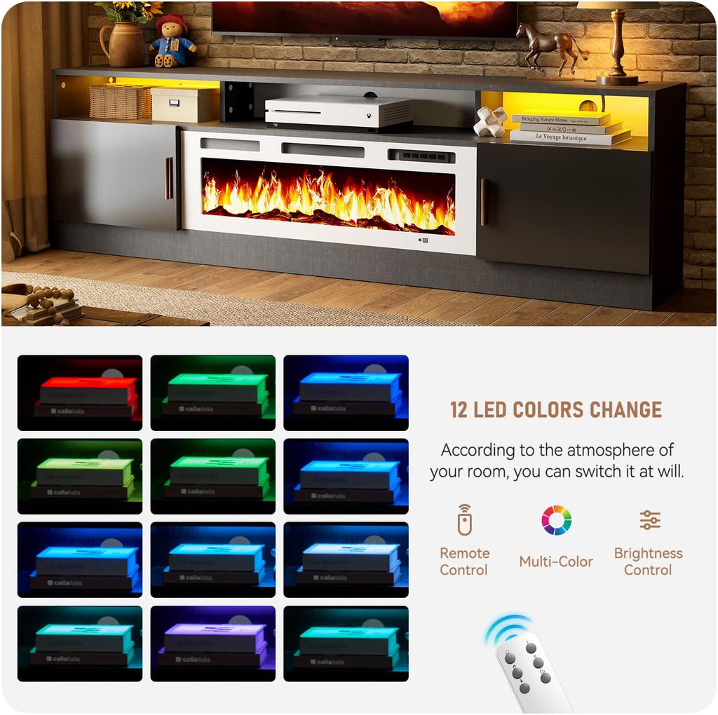 MXV 70' Fireplace TV Stand with Power Outlet for TVs UP to 80', Electric Fireplace Entertainment Center with LED Lights & Storage Cabinets, TV Console for Living Room, Office, Black-White