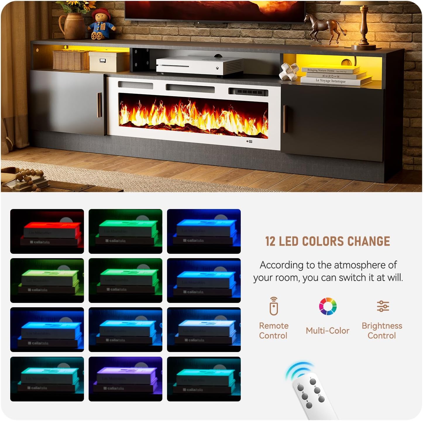 MXV 70' Fireplace TV Stand with Power Outlet for TVs UP to 80', Electric Fireplace Entertainment Center with LED Lights & Storage Cabinets, TV Console for Living Room, Office, Black-White
