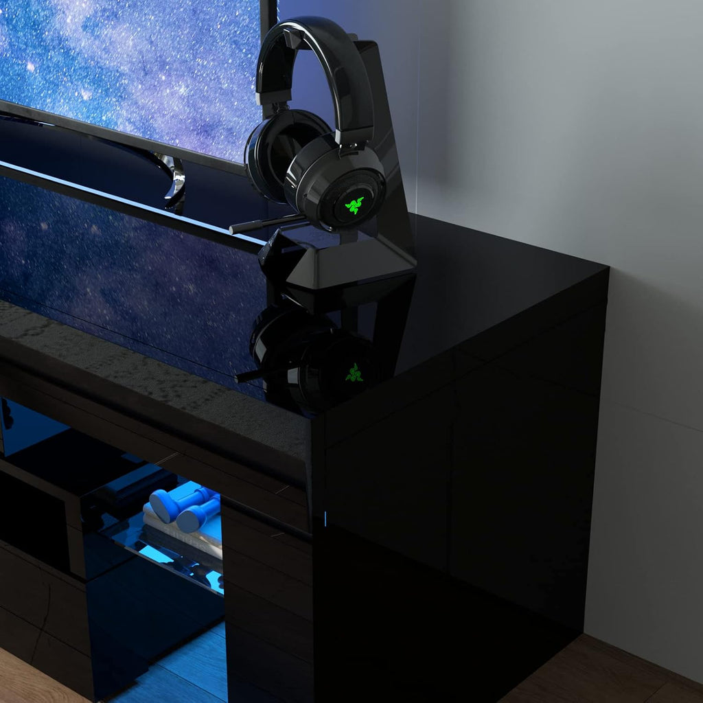 Squireewo TV Stand with 16 Color LED Lights, Media Console with Drawer and Glass Open Shelf for 60/65/70 inch TV, Modern Gloss Entertainment Center for Living Room, Black
