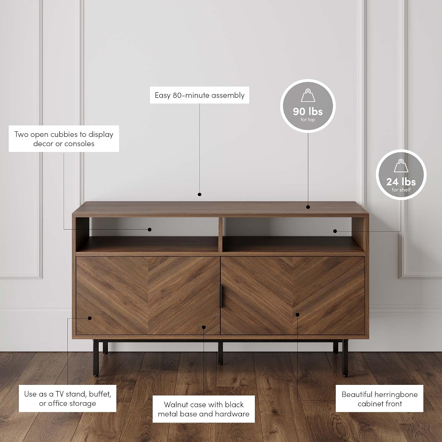 Nathan James Izsak Wood Media Console, TV Stand, Entertainment Cabinet with Herringbone Doors and Cubby Storage in a Rustic Dark Finish for Living, Dining Room or Entryway, Walnut Brown/Black