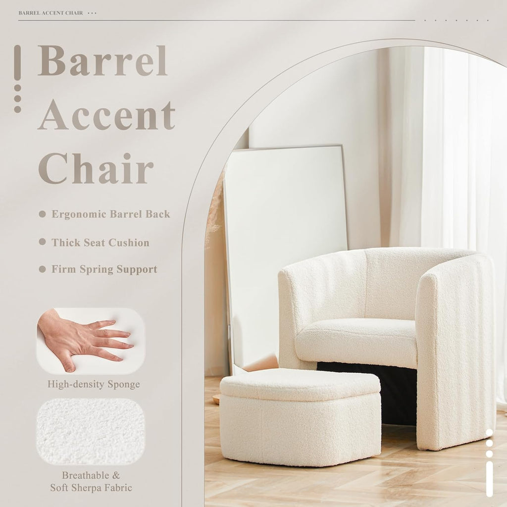 COLAMY Morden Velvet Barrel Accent Chair with Storage Ottoman Set of 2, Upholstered Living Room Side Chair, Single Sofa Armchair with Lounge Seat for Bedroom/Office/Reading Spaces, Cream