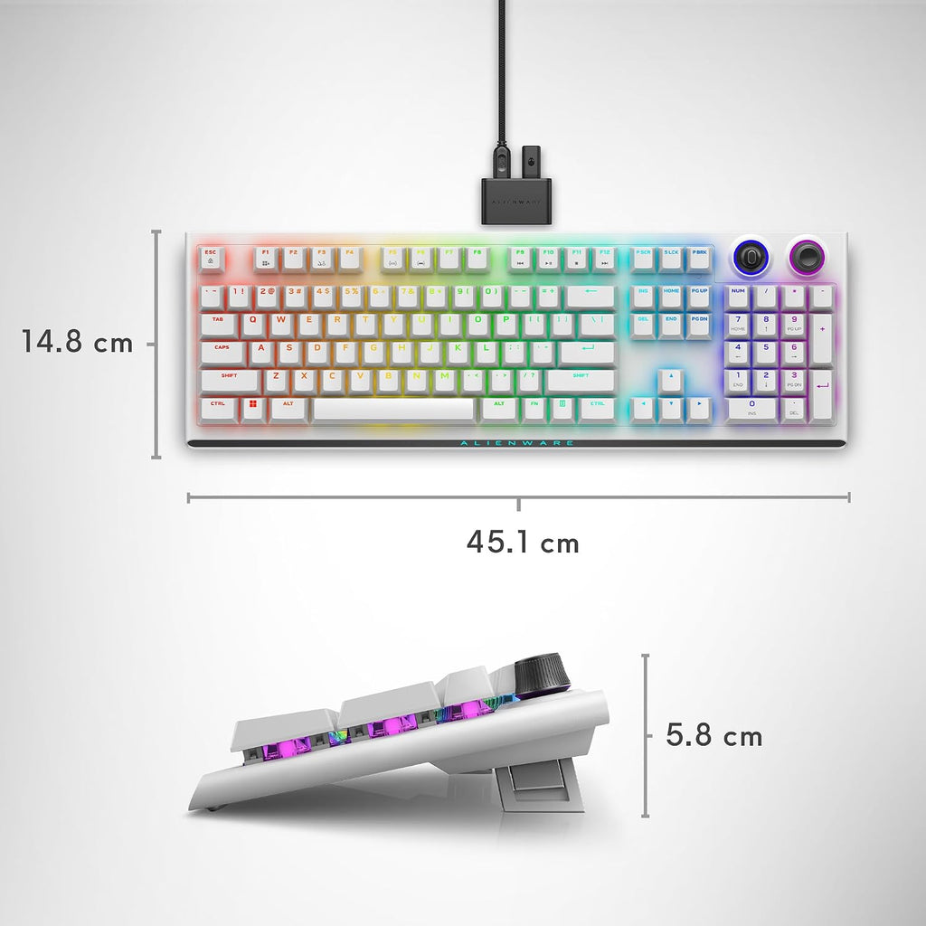 Alienware AW920K Tri-Mode Wireless Gaming Keyboard - Rechargeable, Wireless/Wired, Magnetic Snap-on Charging, Programmable Rocker Switch and Dial, AlienFX per-Key RGB - Lunar Light