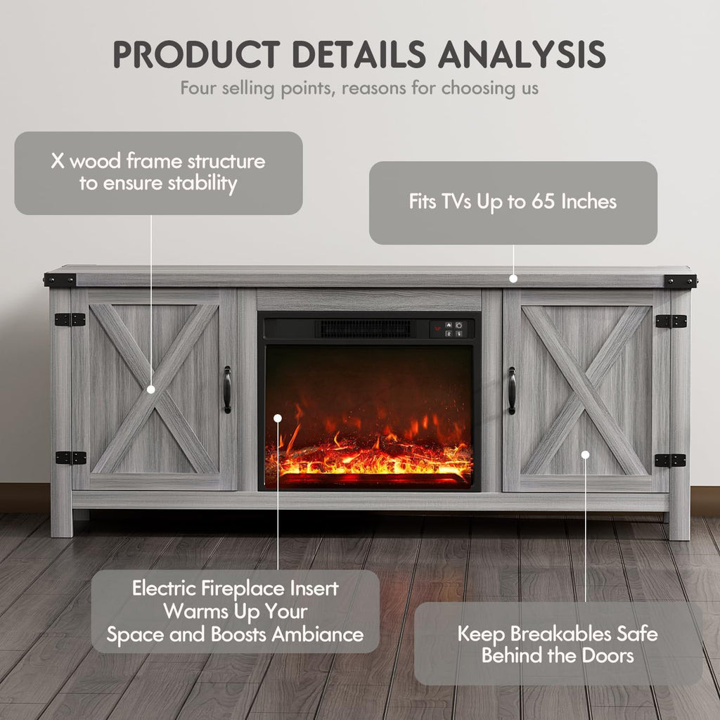 YESHOMY Fireplace TV Stand with Two Barn Doors and Storage Cabinets for Televisions up to 65+ Inch, Entertainment Center Console Table, Media Furniture for Living Room, 58 Inch, Gray