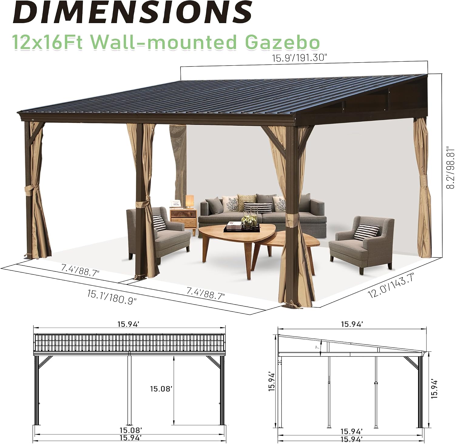 Domi 12x16FT Lean to Gazebo, Aluminum Wall Mounted Gazebo with Sloping Galvanized Steel Roof, Curtains and Netting, Outdoor Hardtop Gazebo Pergola for Patio, Deck, Garden, Backyard