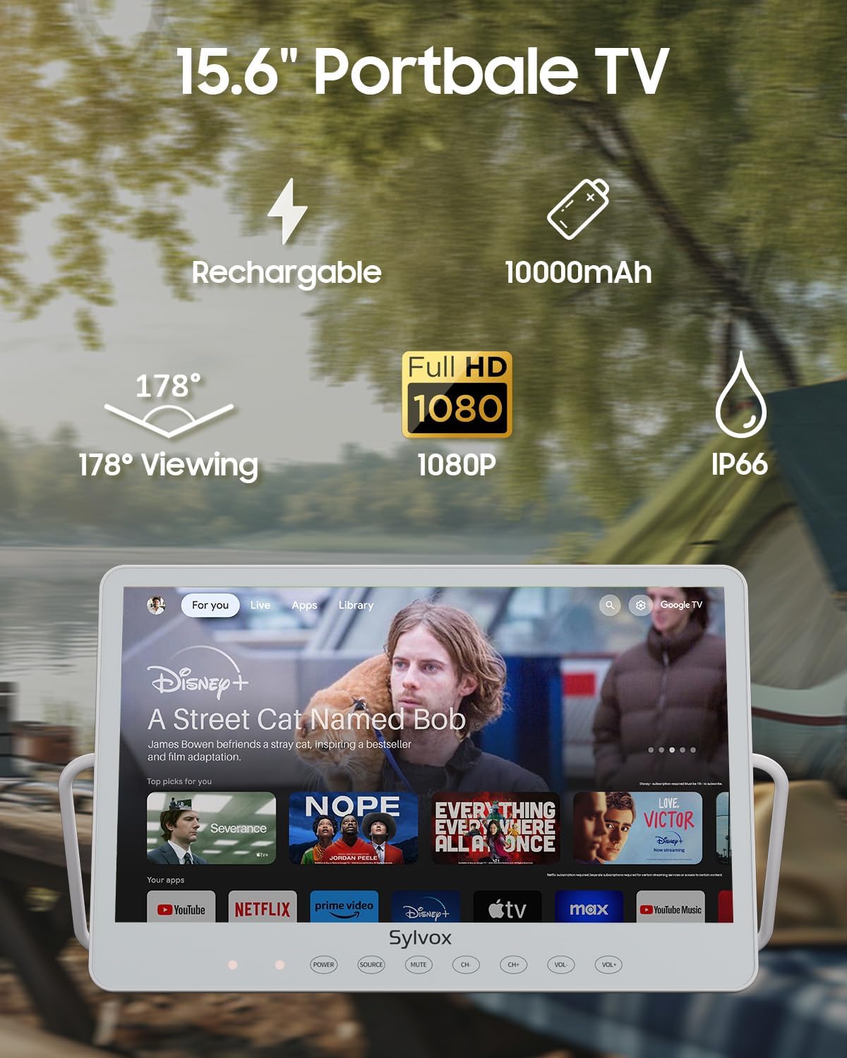 SYLVOX Portable TV, 15.6'' Google TV, IP66 Waterproof, 1080P Small Smart Television with Google Assistant Remote | 10000mAh Battery-Powered TV for Kitchen, RV and More